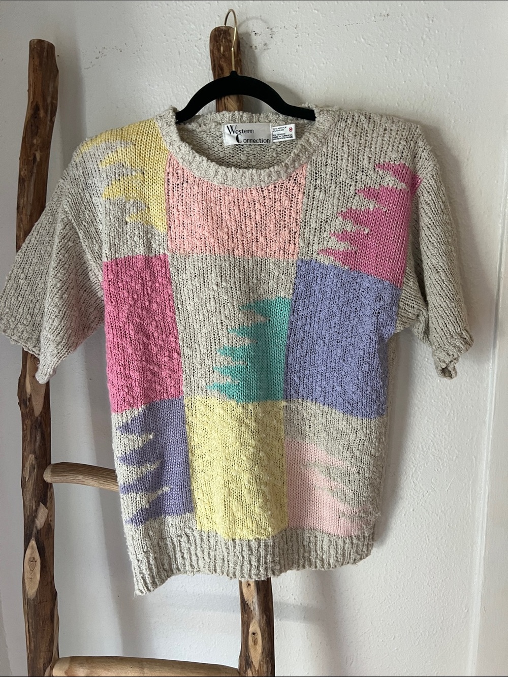 Western Connection Vintage Cream Pastel Patchwork Short-Sleeve Sweater Medium